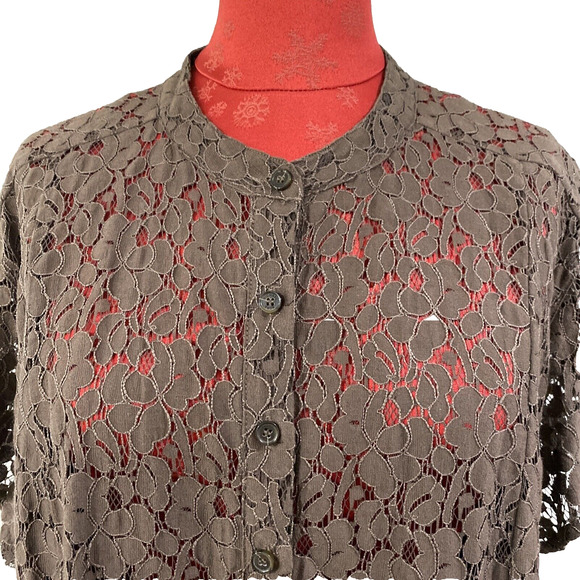 Michael Kors Plus Size Blouse Brown Lace Button Front Top Short Sleeves 3X - Picture 2 of 12